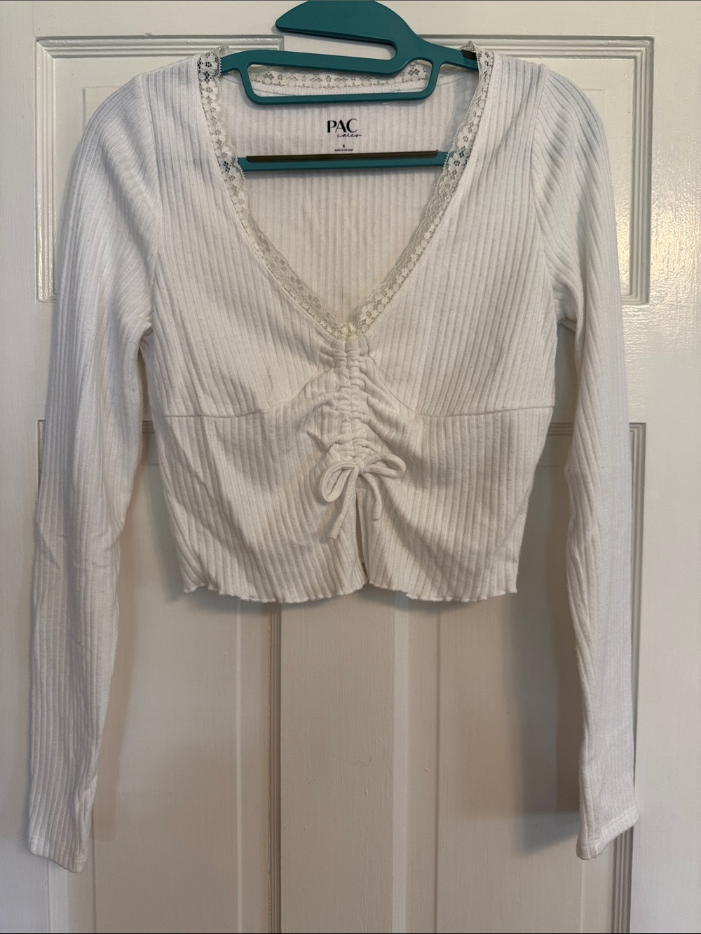White Ribbed Long-Sleeve Cinch Front Top